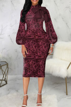 Burgundy Casual Print Patchwork With Bow Half A Turtleneck Dresses