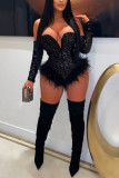 Black Sexy Solid Sequins Feathers Strapless Regular Rompers