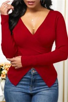 Red Casual Solid Patchwork V Neck Tops
