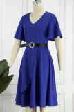 Blue Casual Solid Patchwork Flounce With Belt O Neck A Line Dresses