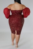 Burgundy Sexy Formal Patchwork Hollowed Out Backless Off the Shoulder Evening Dress Plus Size Dresses