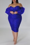 Colorful Blue Sexy Formal Patchwork Hollowed Out Backless Off the Shoulder Evening Dress Plus Size Dresses