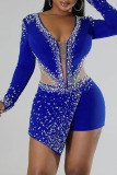 Blue Sexy Solid Patchwork See-through Asymmetrical Hot Drill V Neck Regular Rompers