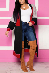 Red and black cardigan Long Sleeve Solid Patchwork