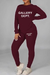 Burgundy Casual Print Letter O Neck Long Sleeve Two Pieces