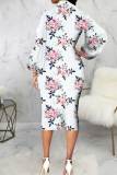 White Casual Print Patchwork With Bow Half A Turtleneck Dresses