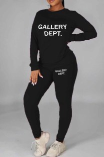 Black Casual Print Letter O Neck Long Sleeve Two Pieces