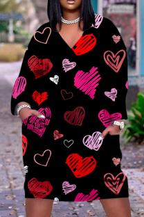 Black Casual Print Basic V Neck Long Sleeve Dresses