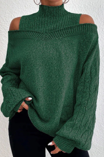 Green Casual Solid Hollowed Out Turtleneck Tops