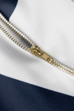 Tibetan Blue Casual Print Patchwork Zipper Asymmetrical Collar Tops