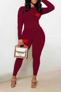 Burgundy Casual Print Patchwork O Neck Long Sleeve Two Pieces