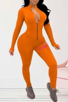 Orange Sexy Print Letter Zipper Collar Jumpsuits
