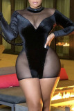 Black Sexy Solid Patchwork See-through O Neck Regular Rompers