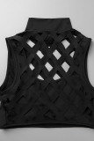 Black Sexy Solid Tassel Hollowed Out Patchwork O Neck Sleeveless Two Pieces