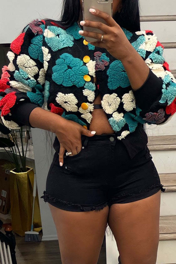 Blue Black Casual Print Patchwork Buckle Outerwear