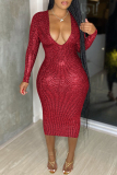 Rose Red Sexy Casual Bronzing Patchwork V Neck Long Sleeve Dresses