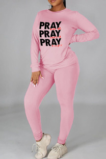 Pink Casual Print Patchwork O Neck Long Sleeve Two Pieces