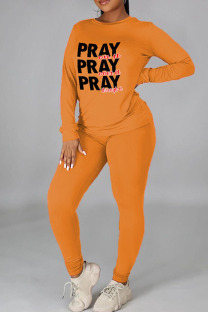 Orange Casual Print Patchwork O Neck Long Sleeve Two Pieces