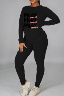 Black Casual Print Patchwork O Neck Long Sleeve Two Pieces