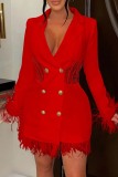 Red Casual Solid Patchwork Turn-back Collar Long Sleeve Dresses