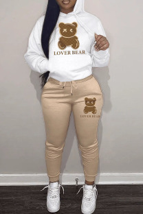 Camel Casual Print Patchwork Hooded Collar Long Sleeve Two Pieces