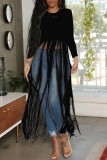 Black Casual Solid Tassel Patchwork O Neck Tops