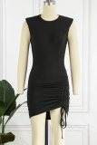 Black Sexy Casual Solid Draw String Frenulum O Neck Sleeveless Dress Dresses