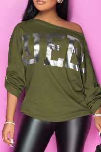 Army Green Casual Letter Print Basic Oblique Collar Tops