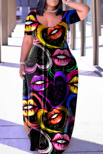 Colour Casual Print Basic V Neck Short Sleeve Dress Plus Size Dresses