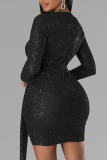 Black Sexy Solid Sequins Patchwork Asymmetrical V Neck One Step Skirt Dresses