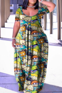 Colour Casual Print Basic V Neck Short Sleeve Dress Plus Size Dresses