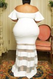 White Sexy Formal Solid Patchwork See-through Off the Shoulder Evening Dress Plus Size Dresses