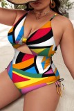 Rose Red Sexy Print Hollowed Out Patchwork Backless Cross Straps V Neck Plus Size Swimwear (With Paddings)