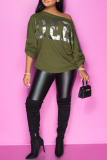 Army Green Casual Letter Print Basic Oblique Collar Tops