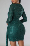 Green Sexy Solid Sequins Patchwork Asymmetrical V Neck One Step Skirt Dresses