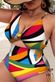 Rose Red Sexy Print Hollowed Out Patchwork Backless Cross Straps V Neck Plus Size Swimwear (With Paddings)