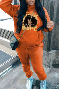 Orange Casual Print Patchwork Hooded Collar Long Sleeve Two Pieces