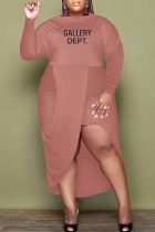 Deep Pink Casual Print Letter O Neck Irregular Dress Plus Size Dresses