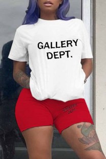 Red Casual Print Letter O Neck Short Sleeve Two Pieces