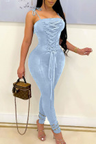 Blue Sexy Solid Bandage Patchwork Spaghetti Strap Skinny Jumpsuits