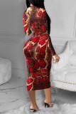 Red Casual Print Basic O Neck Long Sleeve Dresses