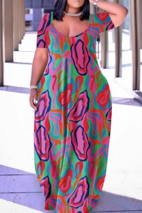 Rose Red Casual Print Basic V Neck Short Sleeve Dress Plus Size Dresses
