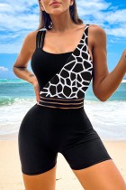 Black Sexy Print Solid Patchwork Backless Contrast Swimwears (With Paddings)