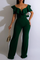 Green Casual Solid Patchwork Off the Shoulder Boot Cut Jumpsuits