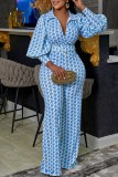Cyan Casual Print Patchwork With Belt Turndown Collar Long Sleeve Two Pieces