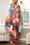 Multicolor Casual Print Basic O Neck Long Sleeve Plus Size Dresses