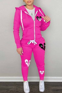 Rose Red Casual Print Patchwork Hooded Collar Long Sleeve Two Pieces