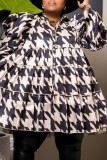 Black White Casual Print Patchwork Shirt Collar Shirt Dress Plus Size Dresses