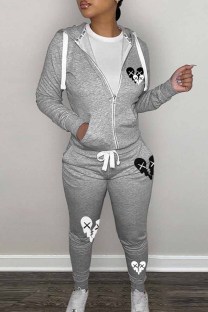 Grey Casual Print Patchwork Hooded Collar Long Sleeve Two Pieces