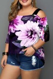 Green Casual Print Hollowed Out Off the Shoulder Plus Size Tops